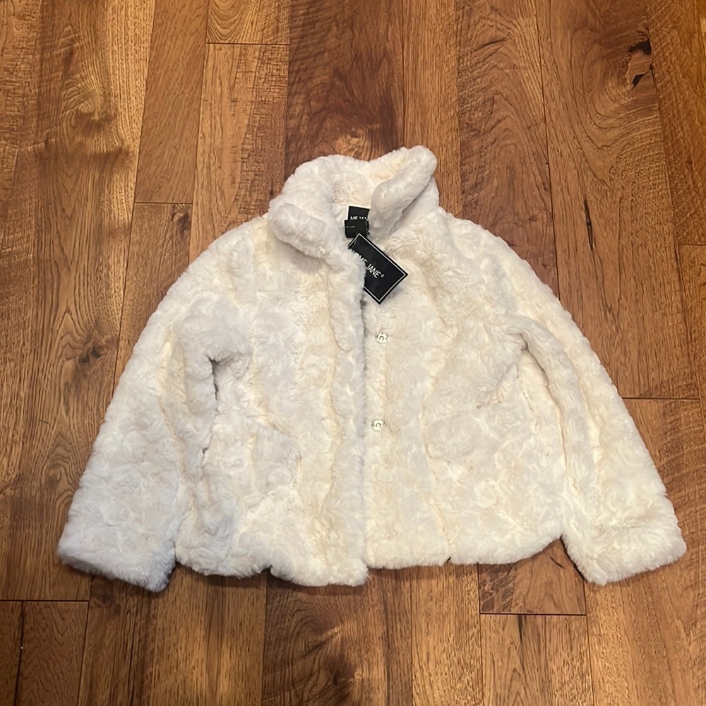 NWT Me Jane Woman’s Cream Faux Fur Jacket Size 14